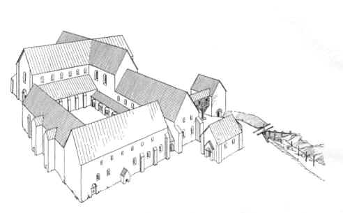 Æbelholt Kloster o.1250. Rekonstruktionstegning af C.G. Schultz 1945.